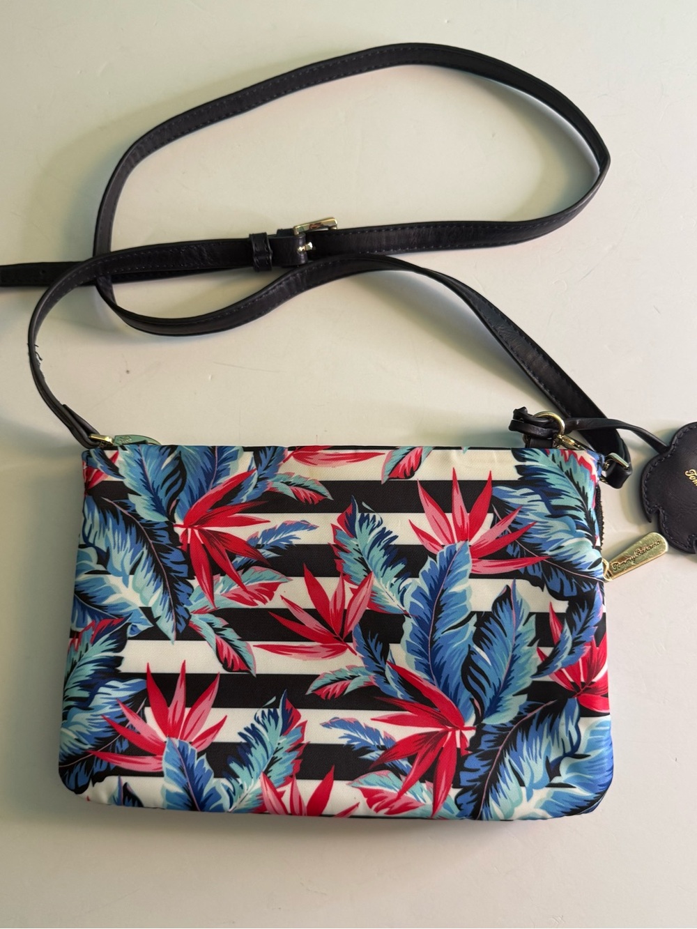 Tommy Bahama Tropical Stripe Crossbody Bag - Black, Blue & Red EUC